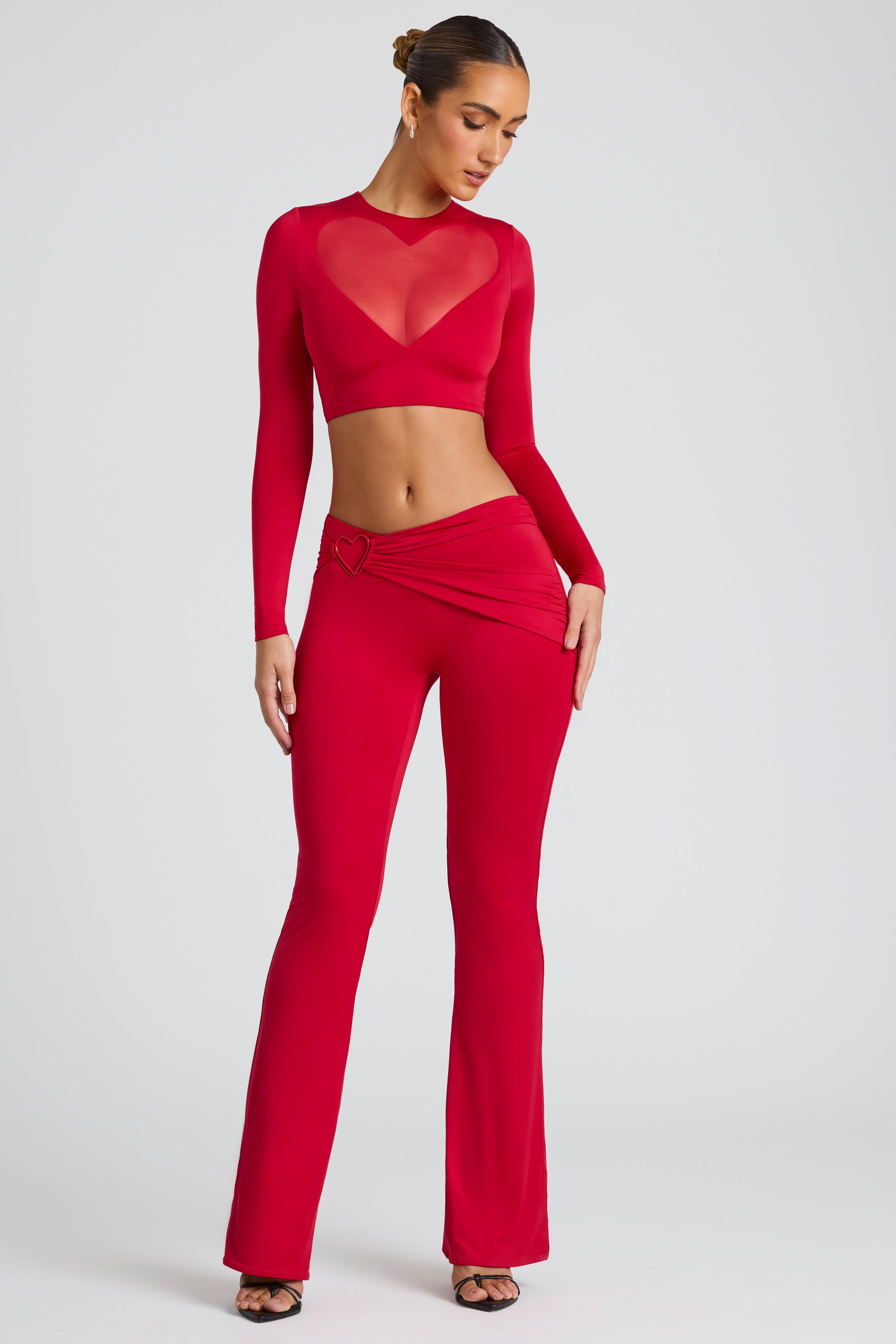 Petite Draped Detail Straight Leg Trousers in Fire Red