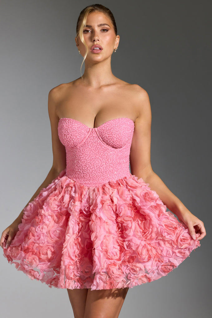 Embellished Floral-Appliqué Lace-Up Mini Dress in Pink