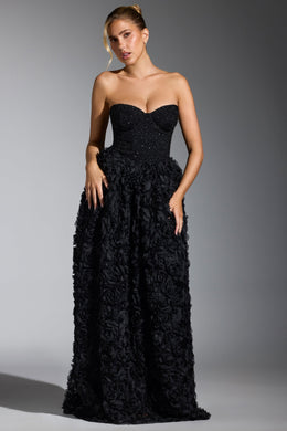 Embellished Floral-Appliqué Corset Gown in Black