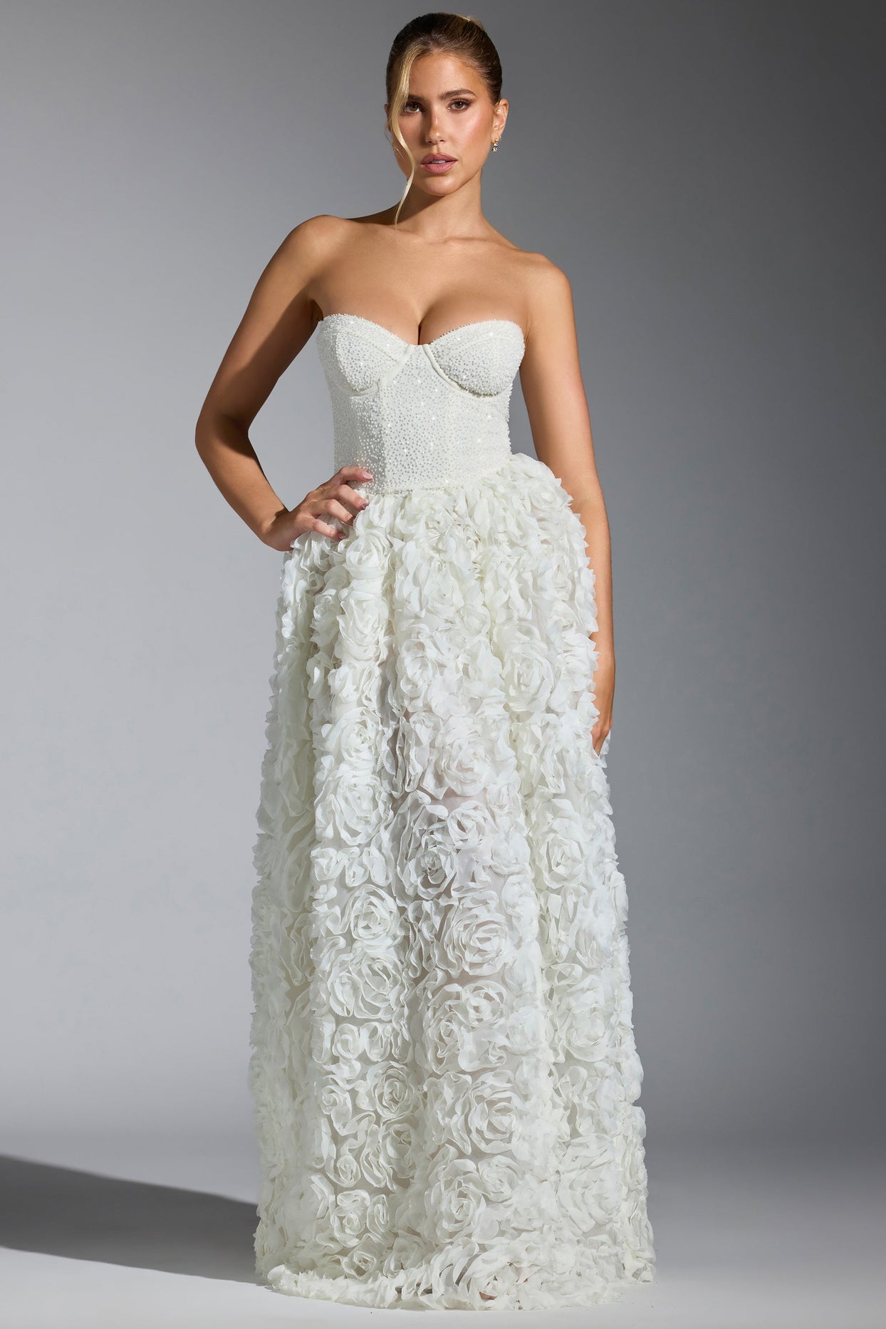 white dress with floral applique Camellia Embellished Floral-Appliqué Corset Gown in White