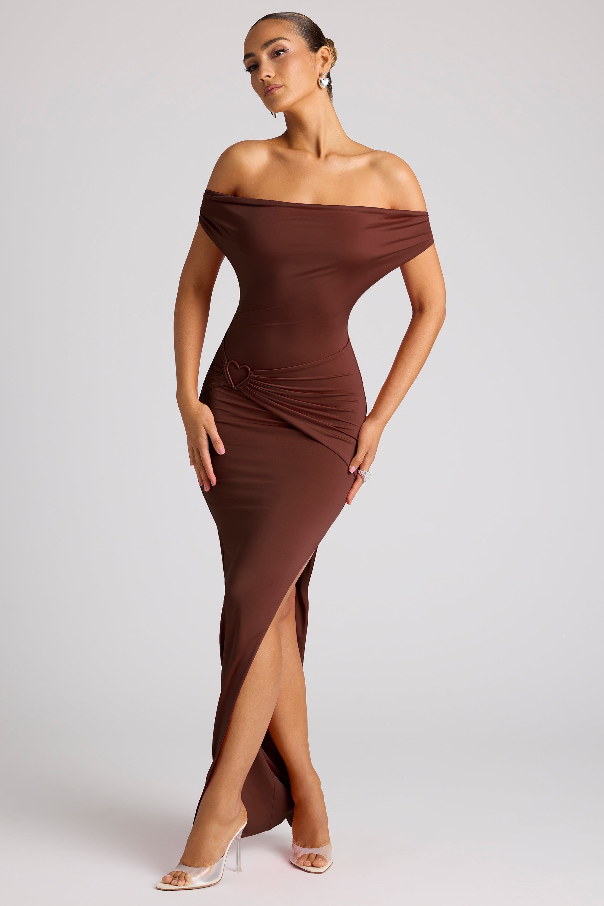 Ravenna Cowl Neck Wrap Over Evening Gown in Chocolate Brown Oh Polly