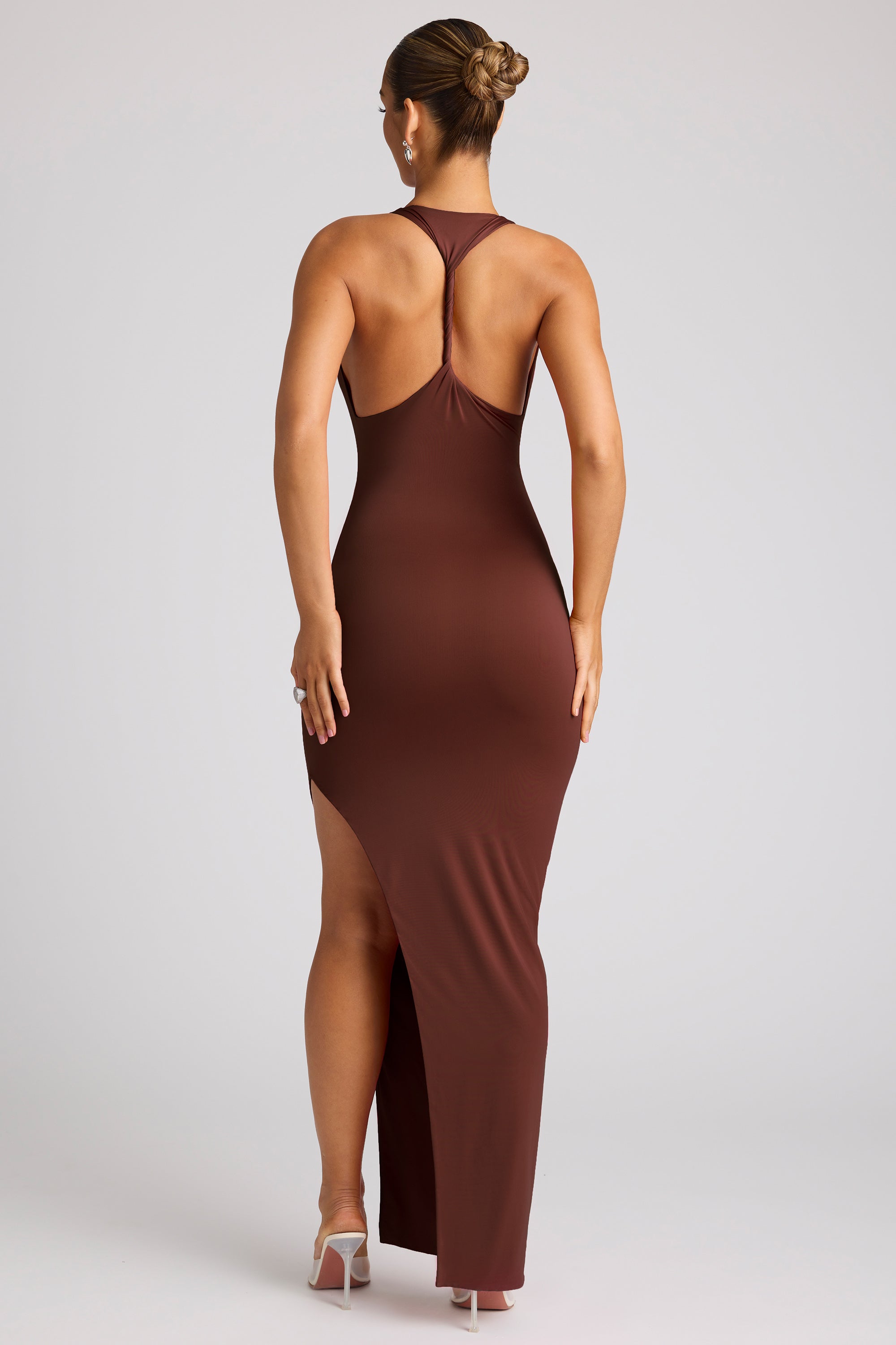 Ravenna Cowl Neck Wrap Over Evening Gown in Chocolate Brown Oh Polly