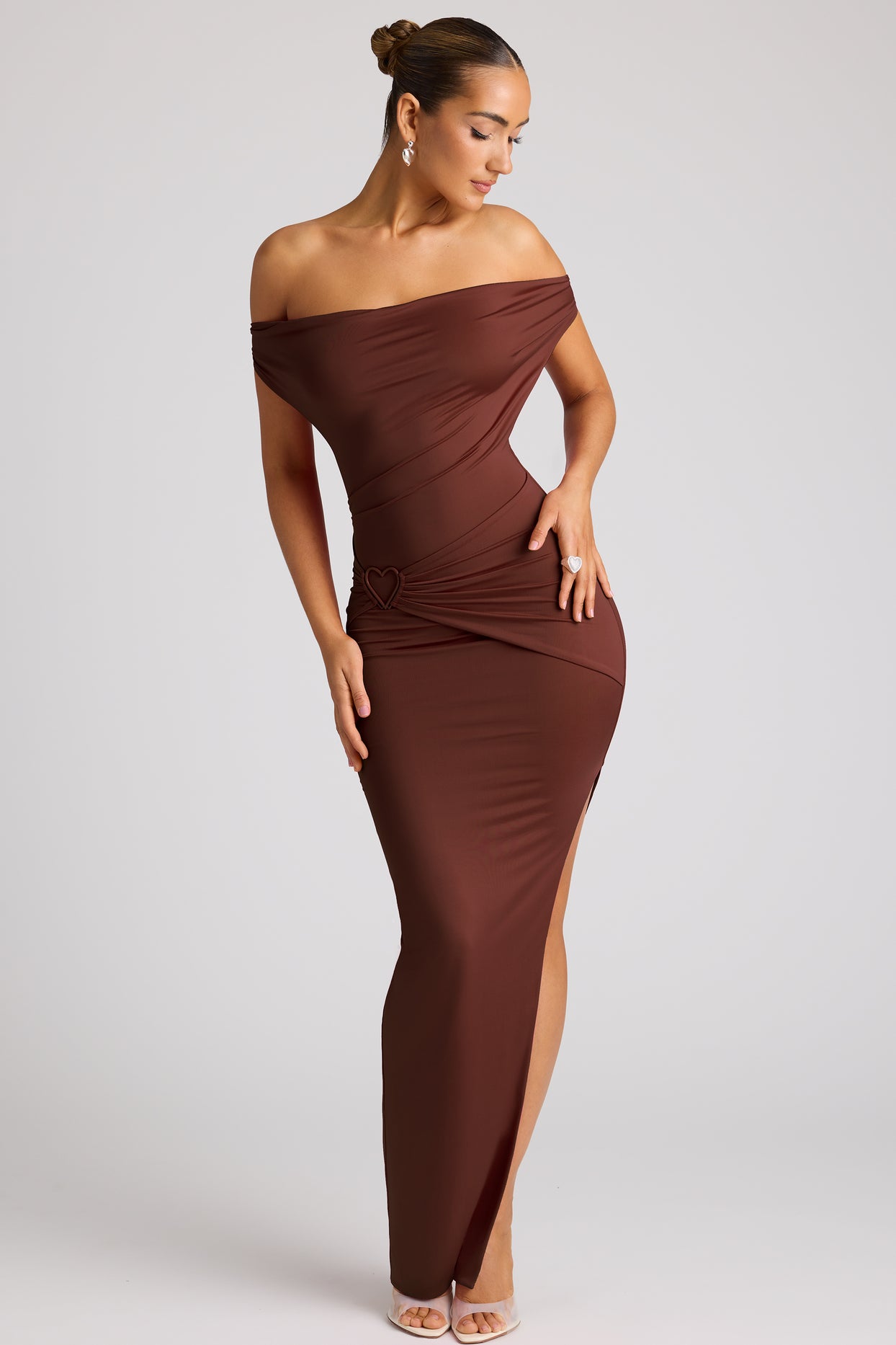 Multiwear Cowl Neck Wrap Over Evening Gown in Chocolate Brown