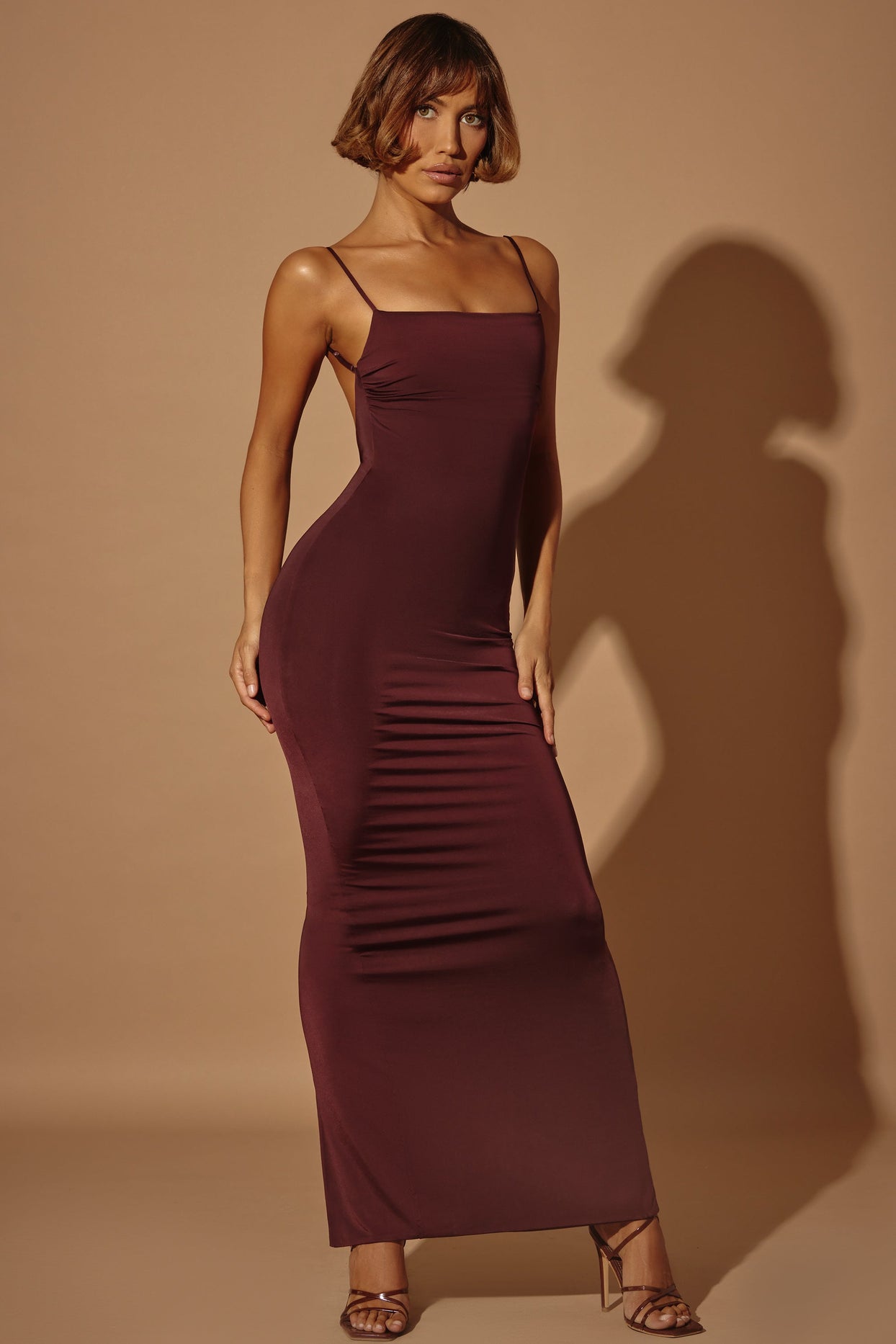 Ruched Bodycon Maxi Dress in Brown