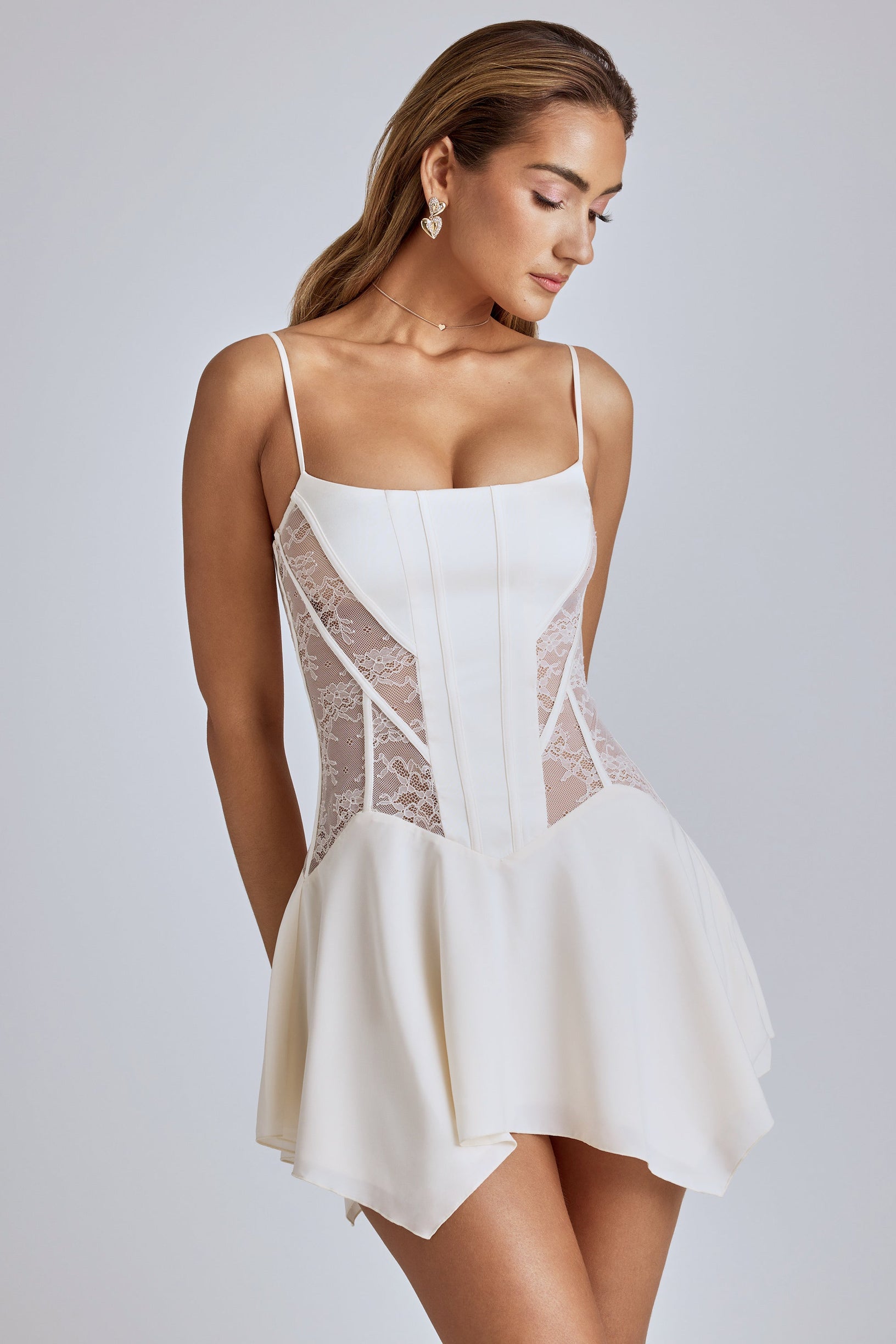 Lace Handkerchief Hem Mini Dress in Ivory - 1