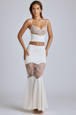 Lace Panel Fishtail Maxi Skirt in Ivory