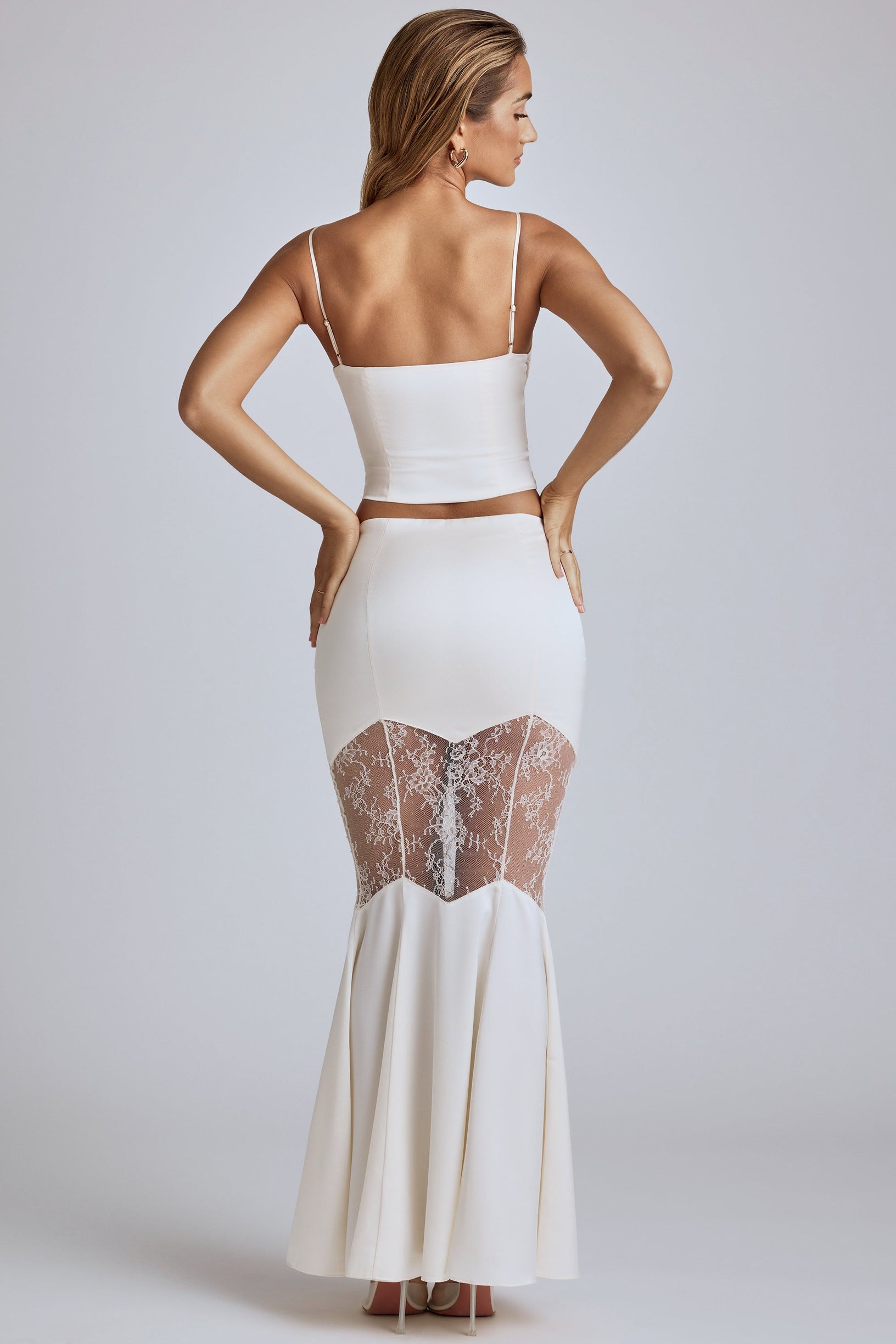 Lace Panel Fishtail Maxi Skirt in Ivory - 2
