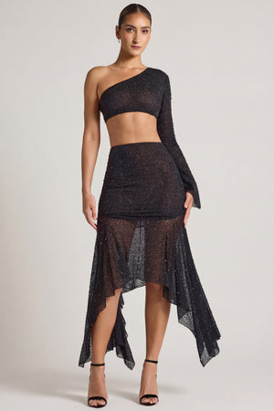 Oh Polly's Priscilla wearing the Soustons Maxi Skirt in Black Embellished fabric perfect for elegant evening events