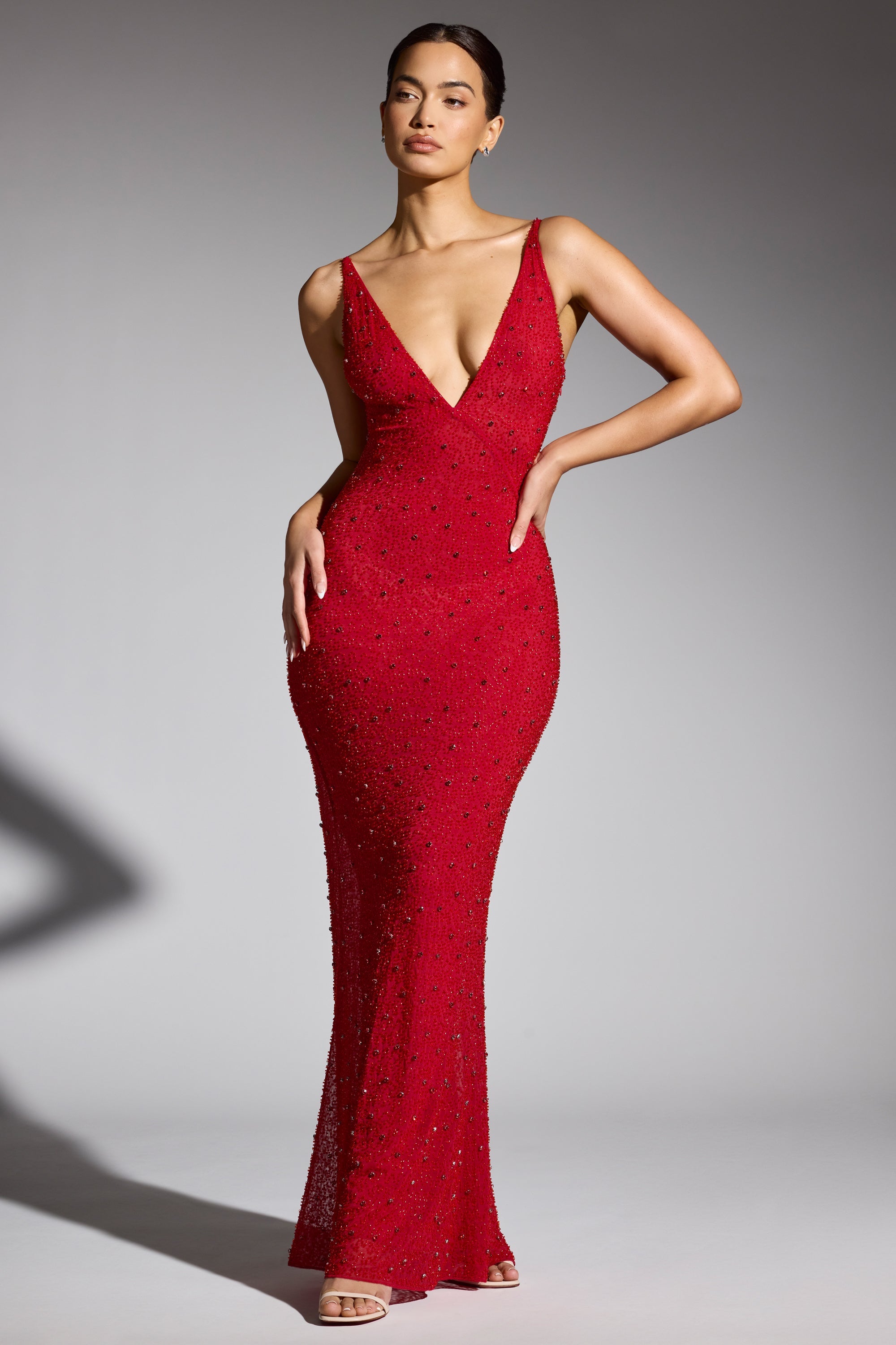 Embellished Plunge Neck Evening Gown in Red