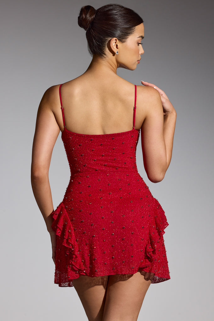 Embellished Frill Mini Dress in Red