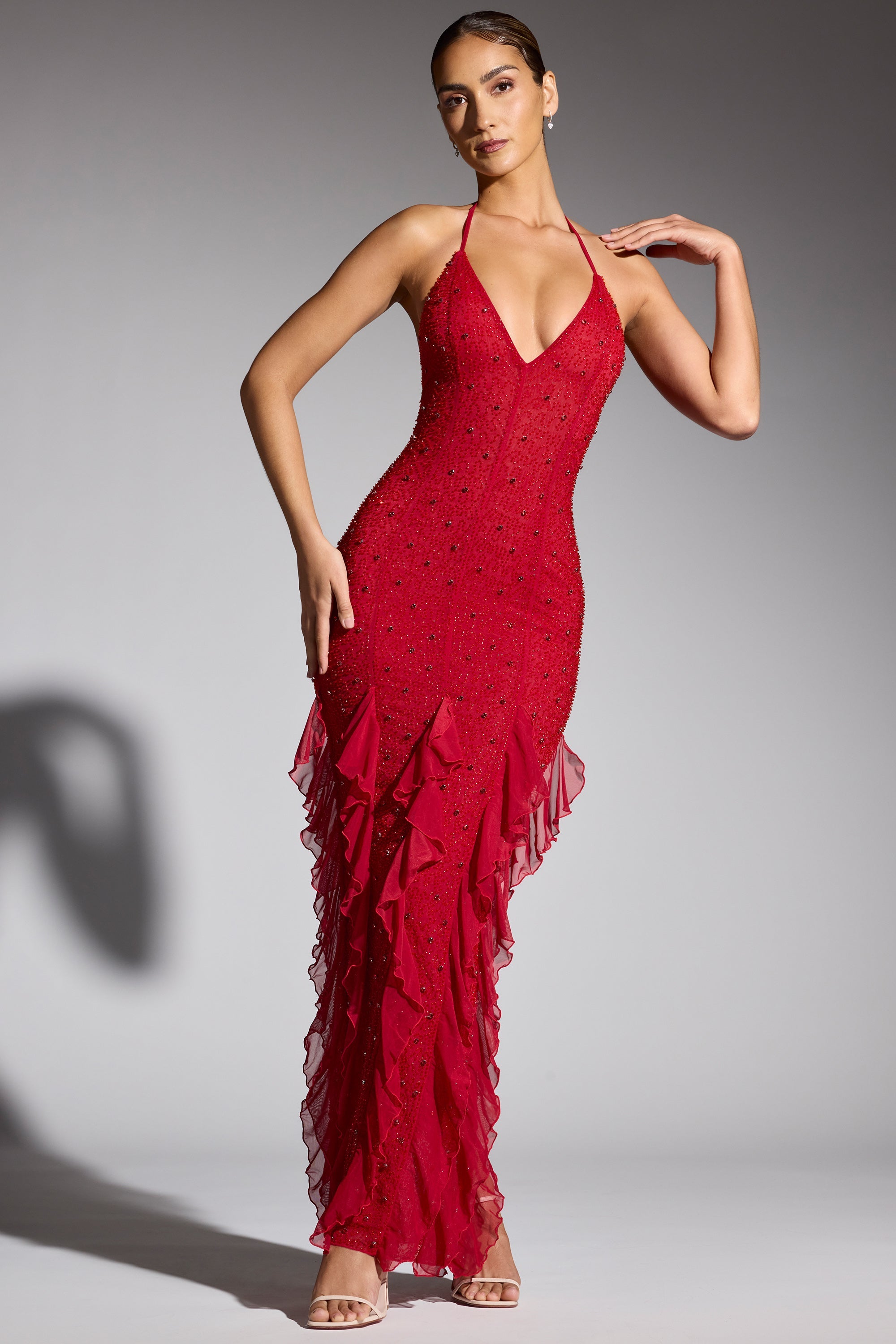 Embellished Halter Neck Ruffle Maxi Dress in Red