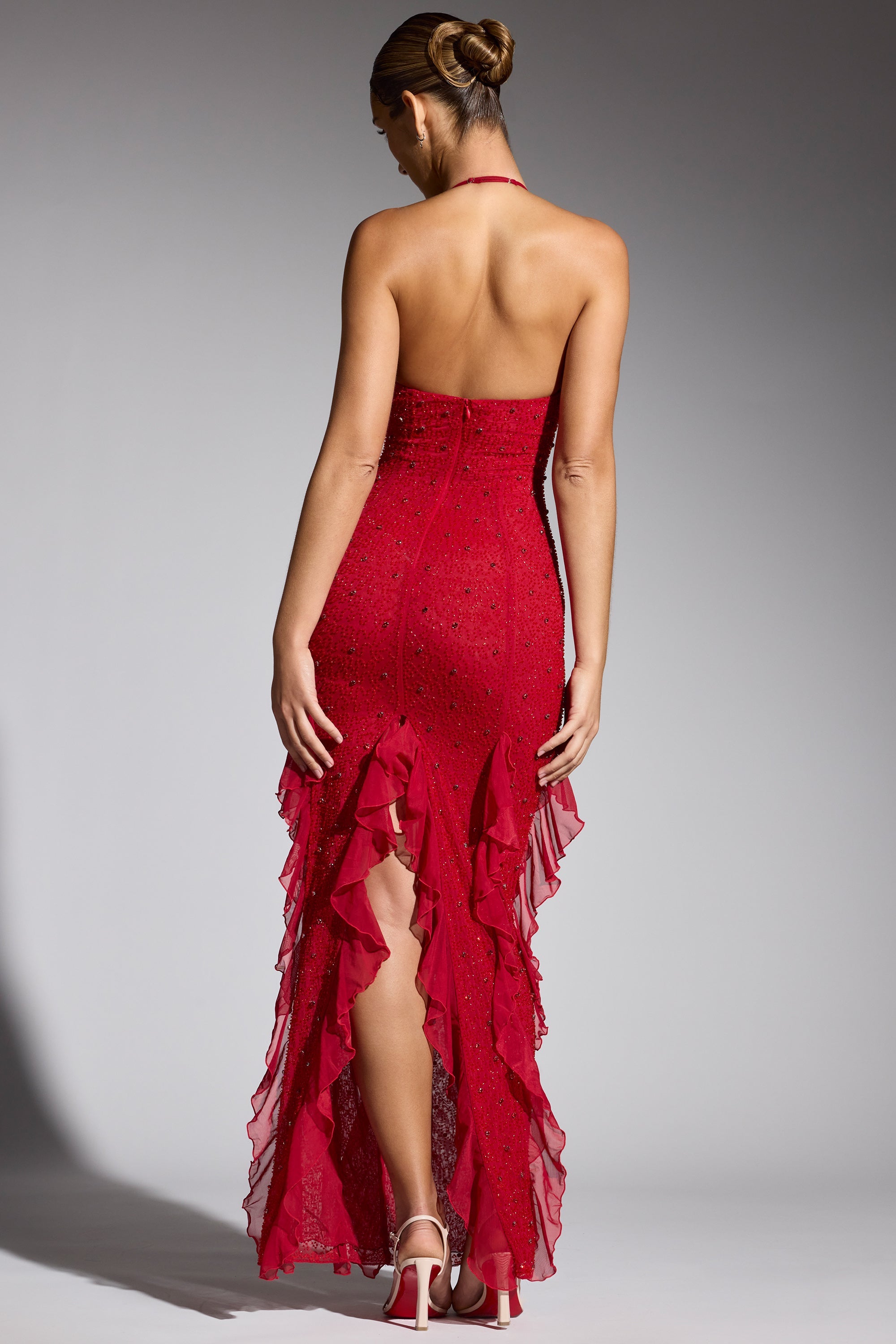 Anley Embellished Halter Neck Ruffle Maxi Dress in Red Oh Polly