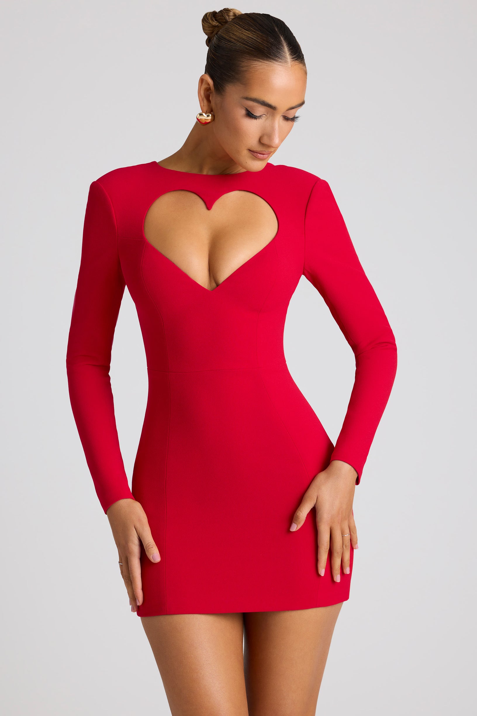 Heart Cut Out Long Sleeve Mini Dress in Fire Red - 1