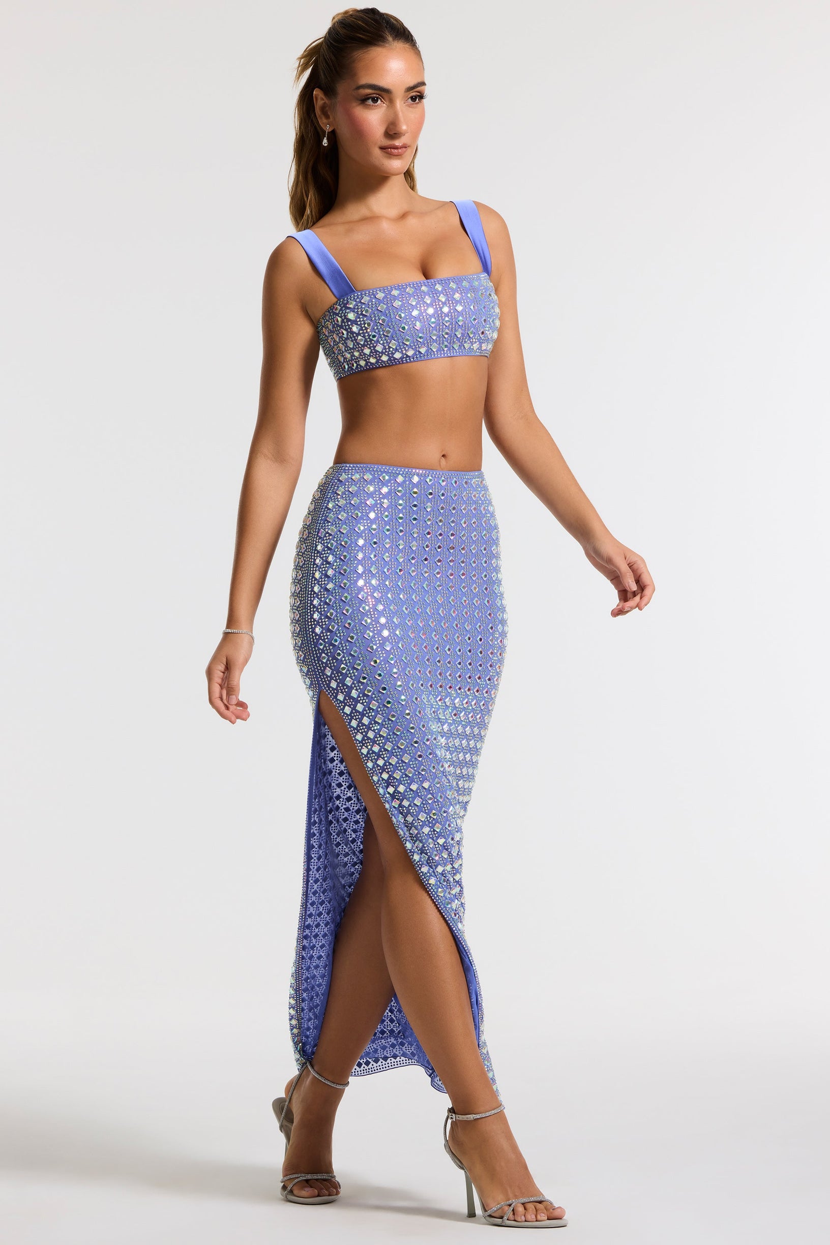 Embellished Mid Rise Maxi Skirt in Blue - 1