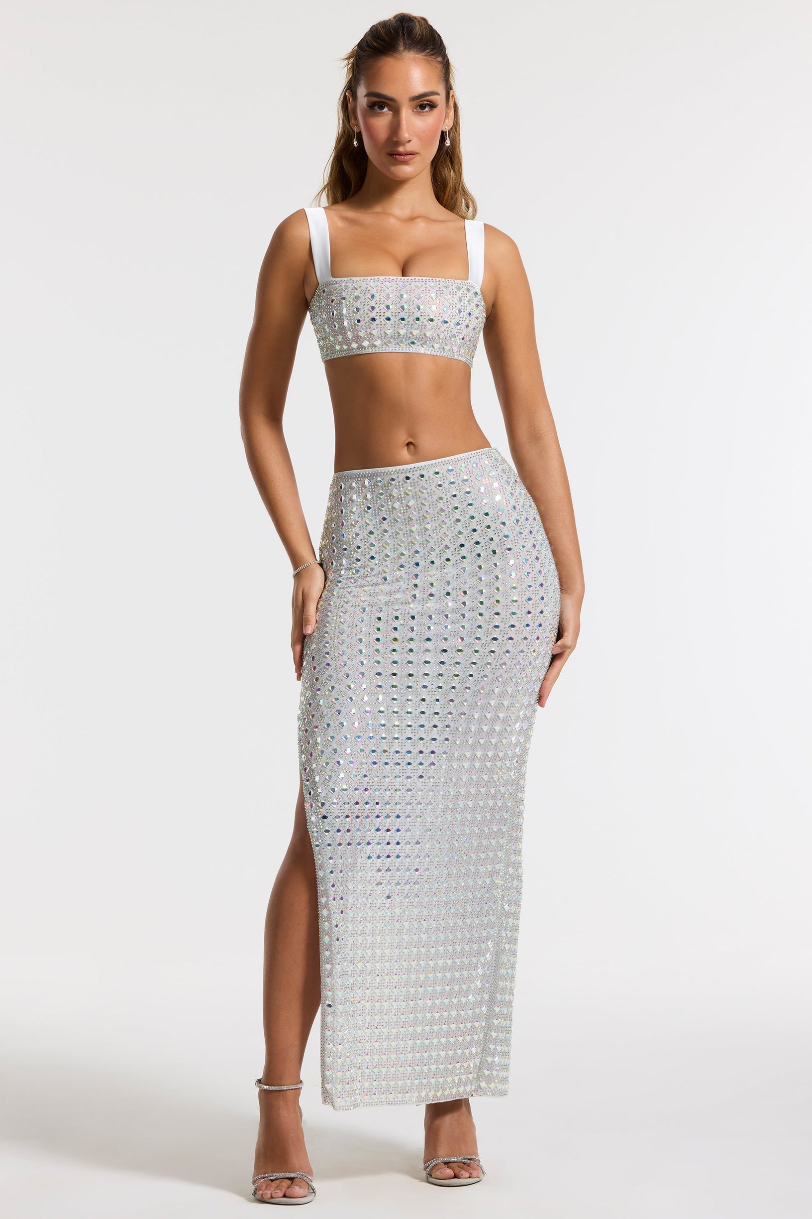 Embellished Mid Rise Maxi Skirt in Silver - 1