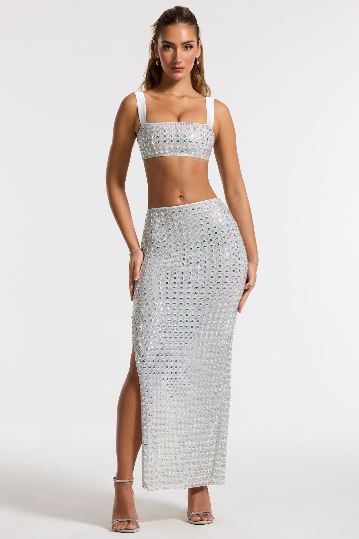 Embellished Mid Rise Maxi Skirt in Silver