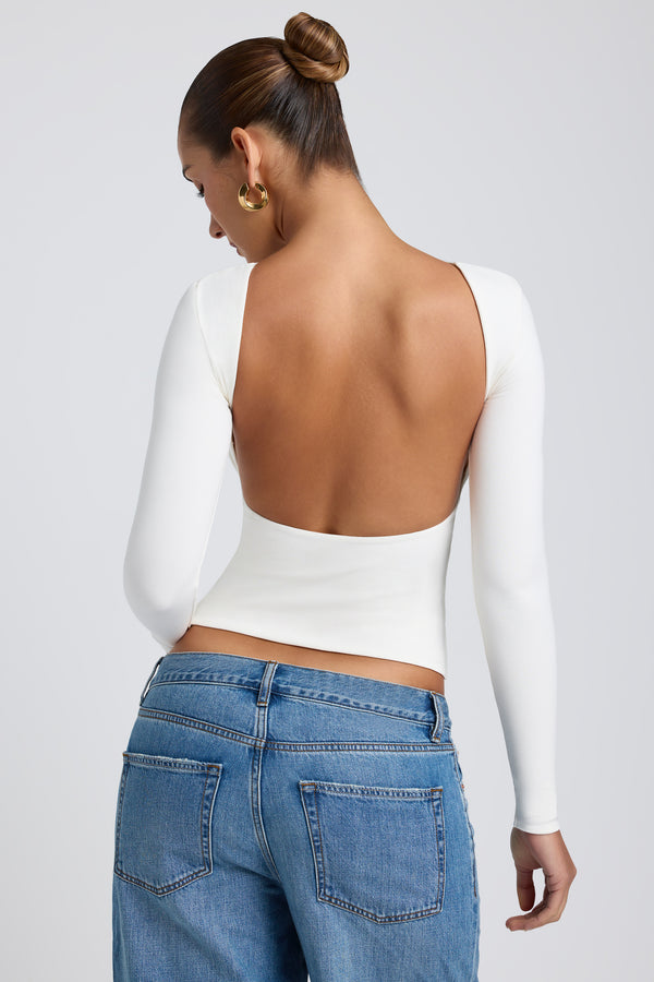 Modal High Neck Long Sleeve Open Back Top in White - 1