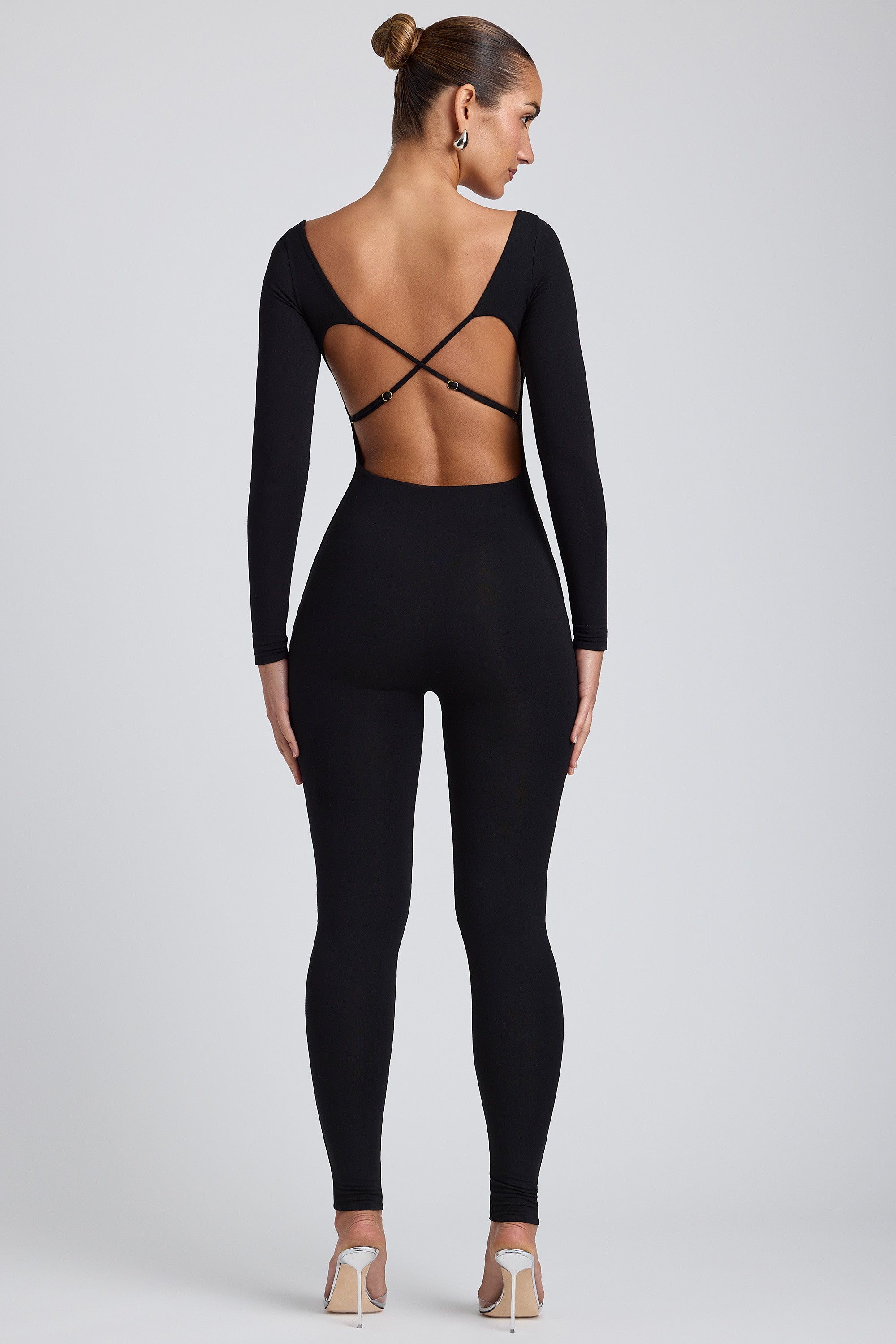 Modal Scoop-Neck Cross-Back Jumpsuit in Black