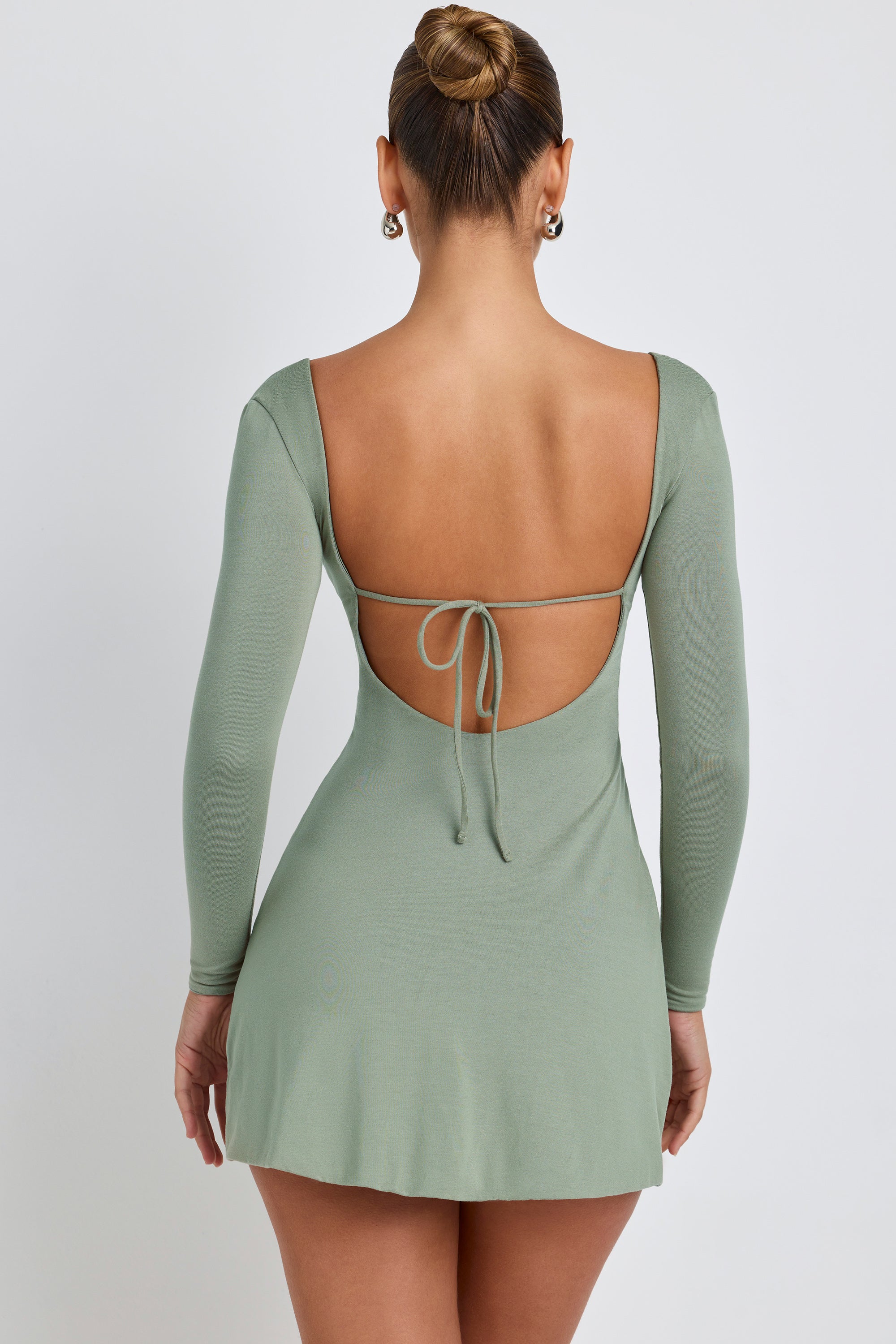 Modal Square Neck Long Sleeve Mini Dress in Sage Green