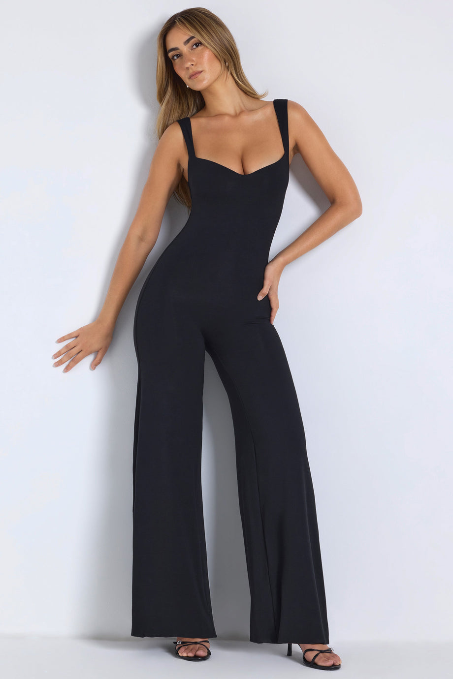 Petite Modal Sweetheart Neckline Wide Leg Jumpsuit in Black