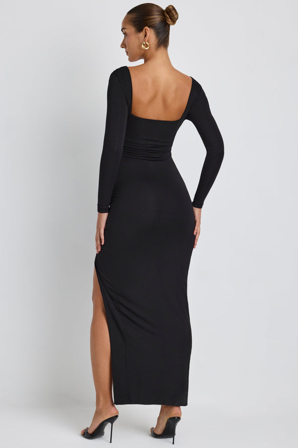 Modal Plunge Neck Long Sleeve Maxi Dress in Black - 2
