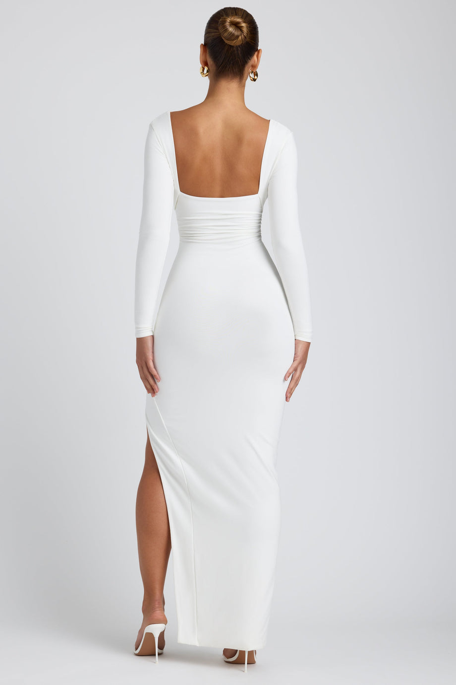 Modal Plunge Neck Long Sleeve Maxi Dress in White