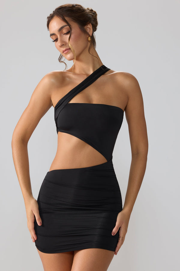 Slinky Jersey Ruched Cut Out Mini Dress in Black - 1