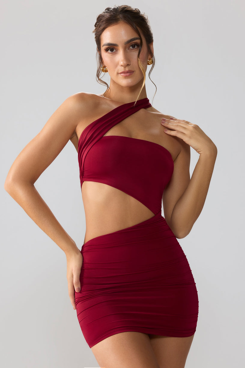 Slinky Jersey Ruched Cut Out Mini Dress in Ruby - 1