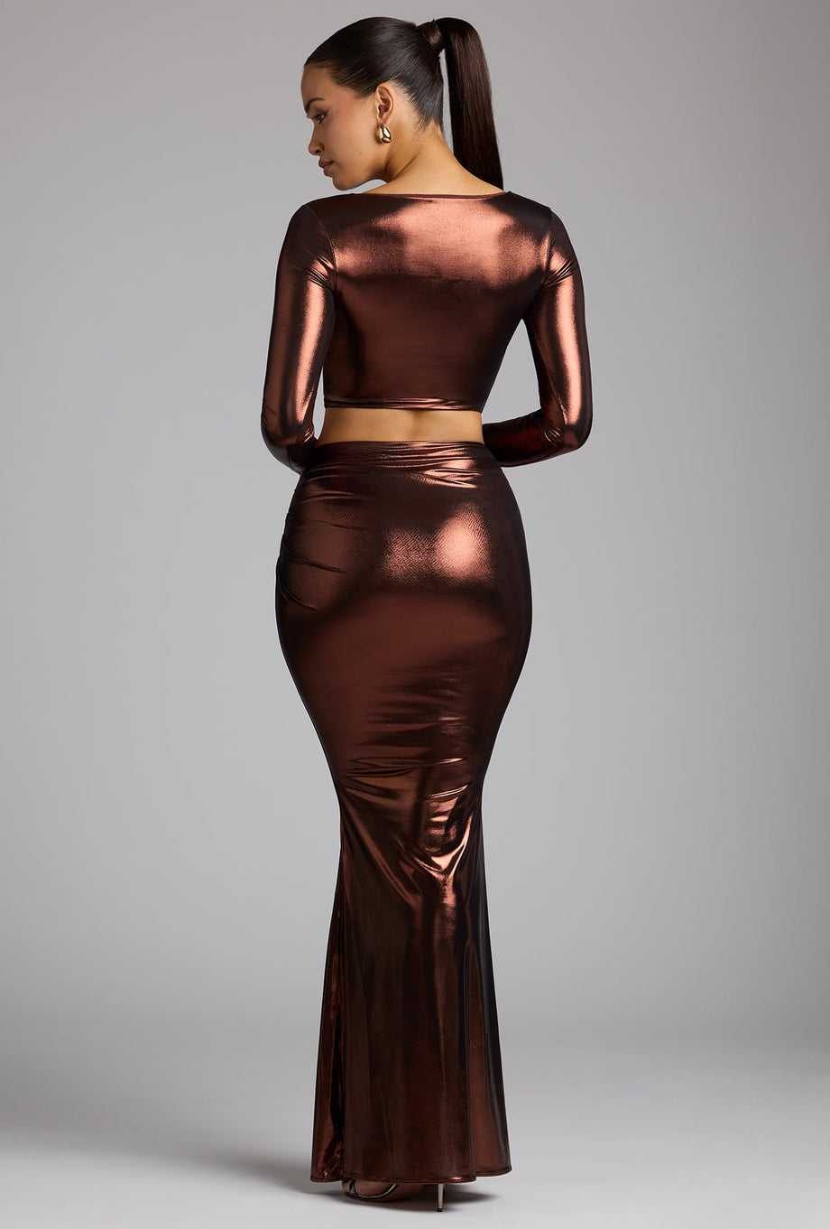 Mid Rise Metallic Jersey Gown Skirt in Copper Bronze - 2