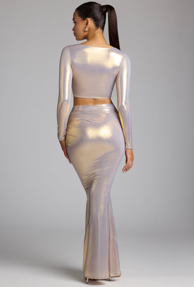 Mid Rise Metallic Jersey Gown Skirt in Light Gold