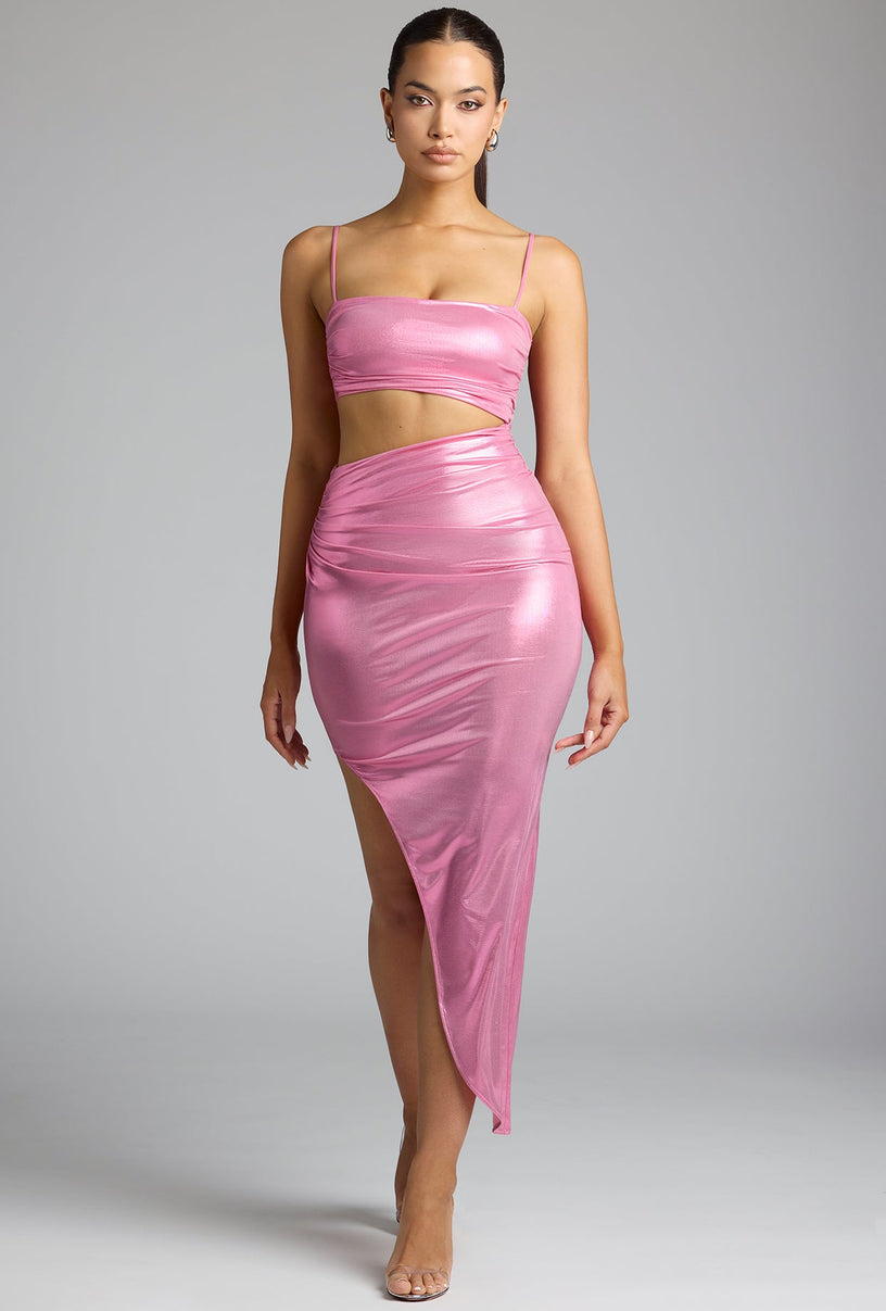 Draped Metallic Jersey Maxi Dress in Rose Pink - 1