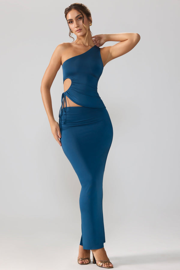 Slinky Jersey Asymmetric Waist Maxi Skirt in Midnight Blue - 1