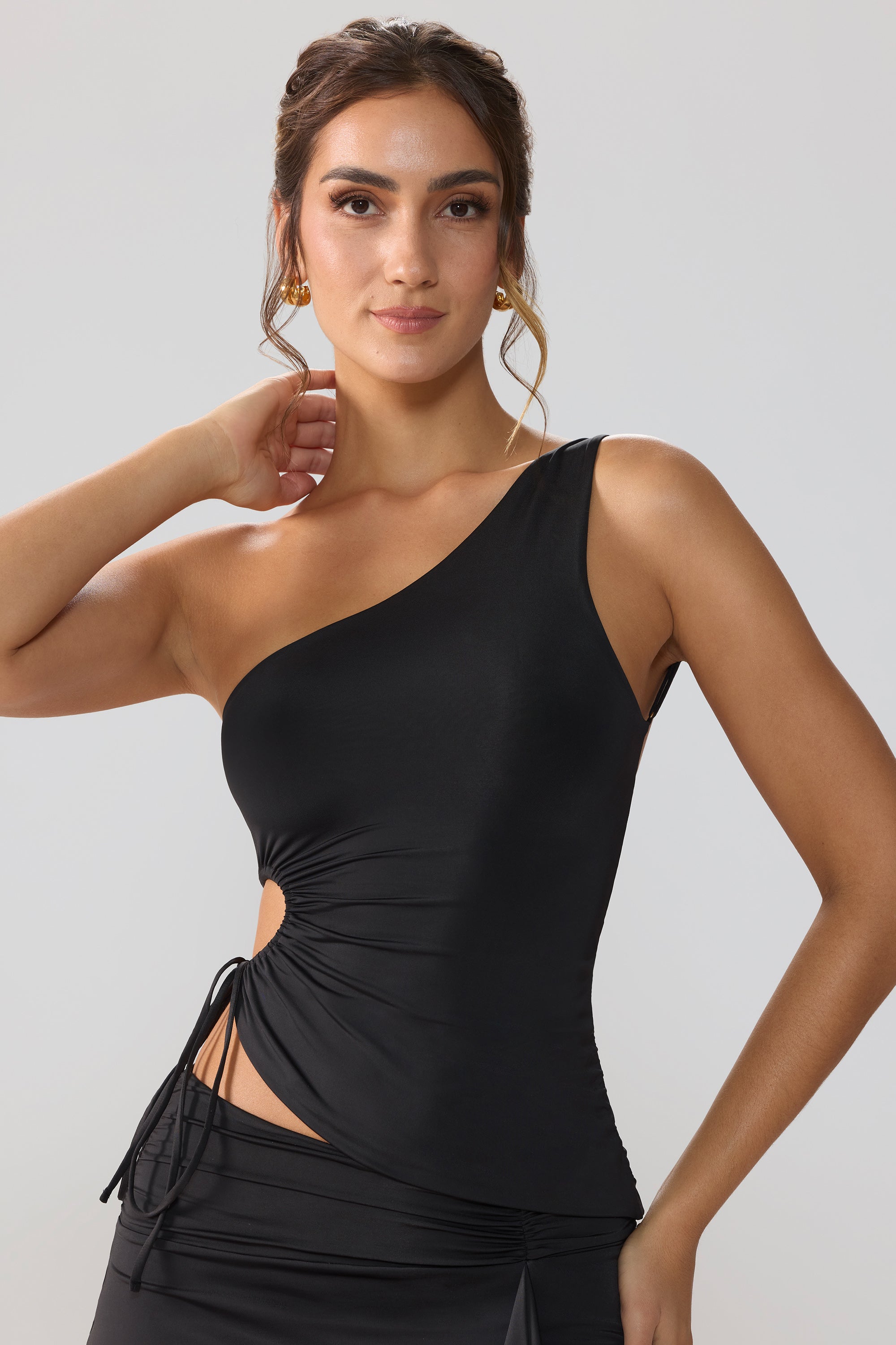 Slinky Jersey Ruched Cut Out One Shoulder Top in Black