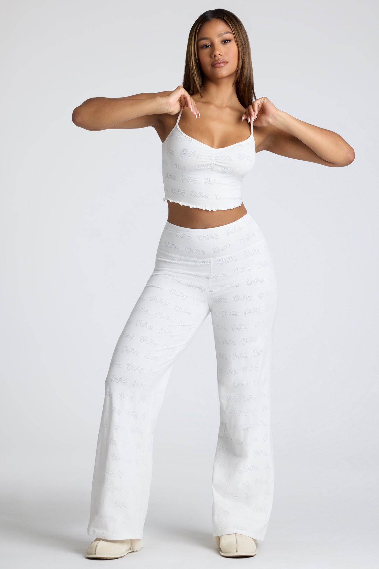 Loungewear Mid Rise Straight Leg Pointelle Trousers in White
