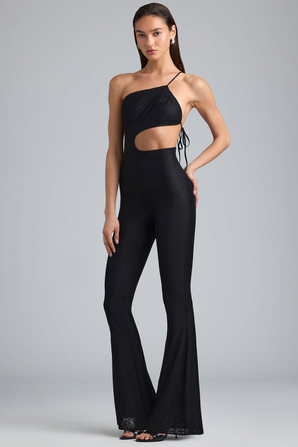 Metallic Ruched Cut-Out Flared Jumpsuit in Black - 1