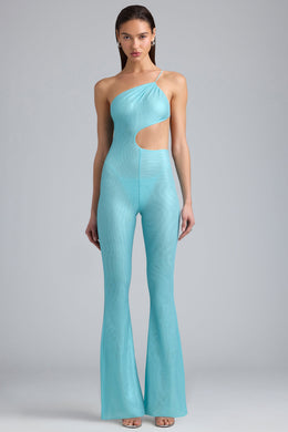 Metallic Ruched Cut-Out Flared Jumpsuit in Ice Blue
