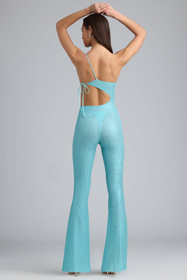 Metallic Ruched Cut-Out Flared Jumpsuit in Ice Blue - 2