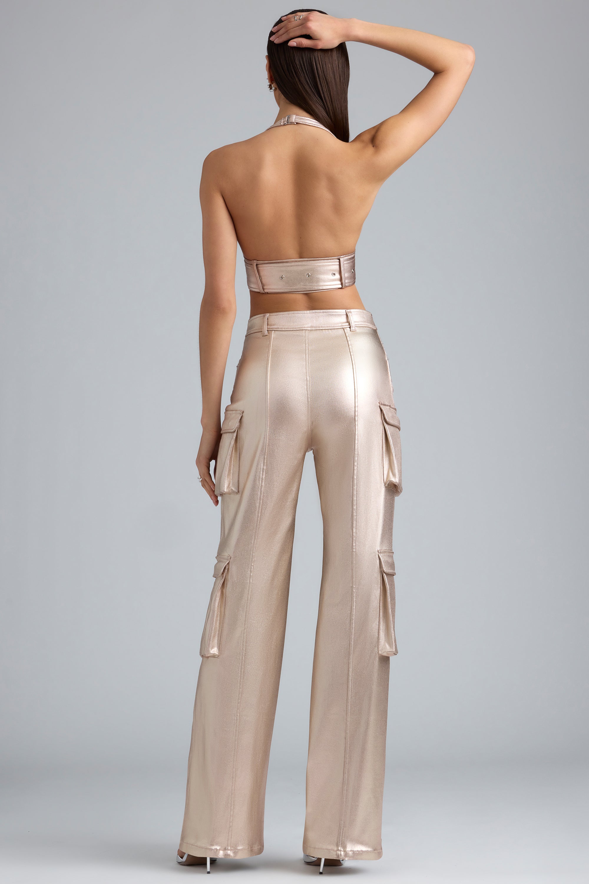 Metallic Denim Cargo Trousers in Champagne