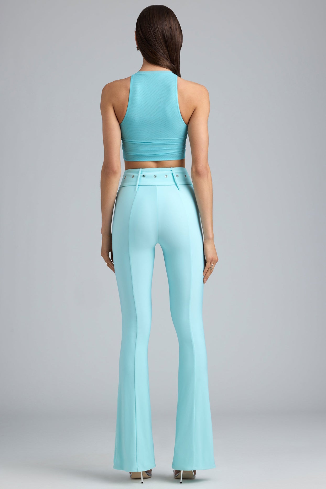 Gia Metallic Belted Mid-Rise Flared Trousers in Ice Blue Oh Polly