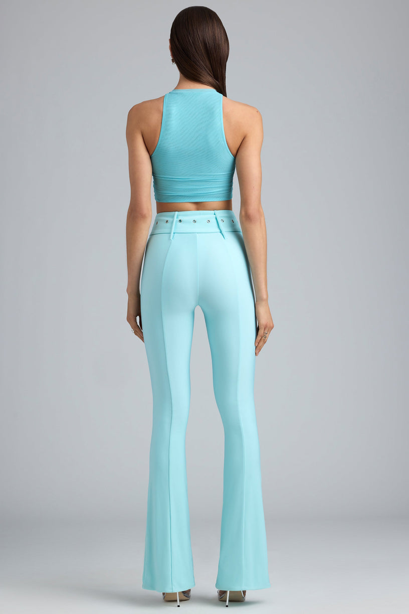 Metallic Belted Mid-Rise Flared Trousers in Ice Blue - 2