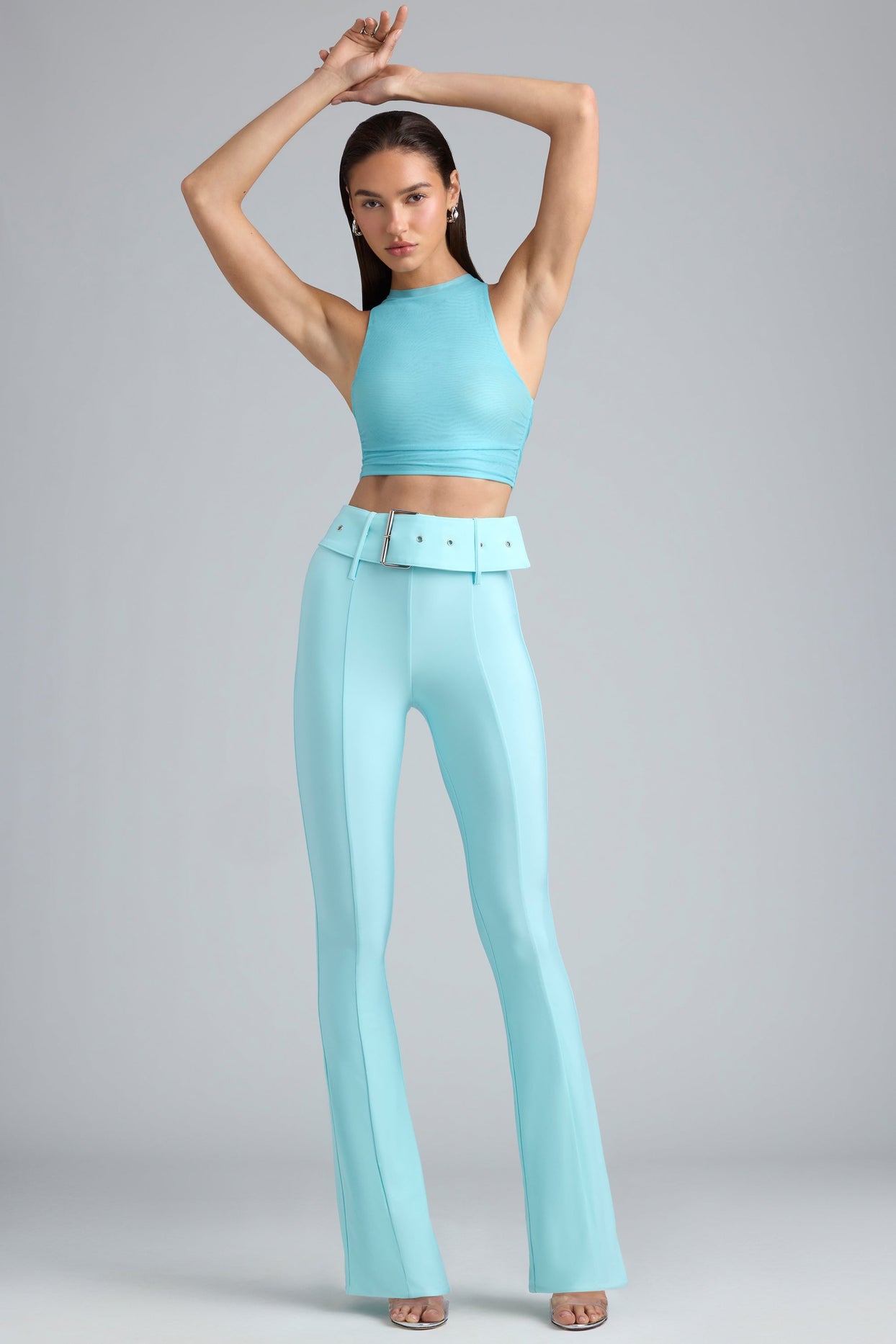 Petite Metallic Belted Mid-Rise Flared Trousers in Ice Blue