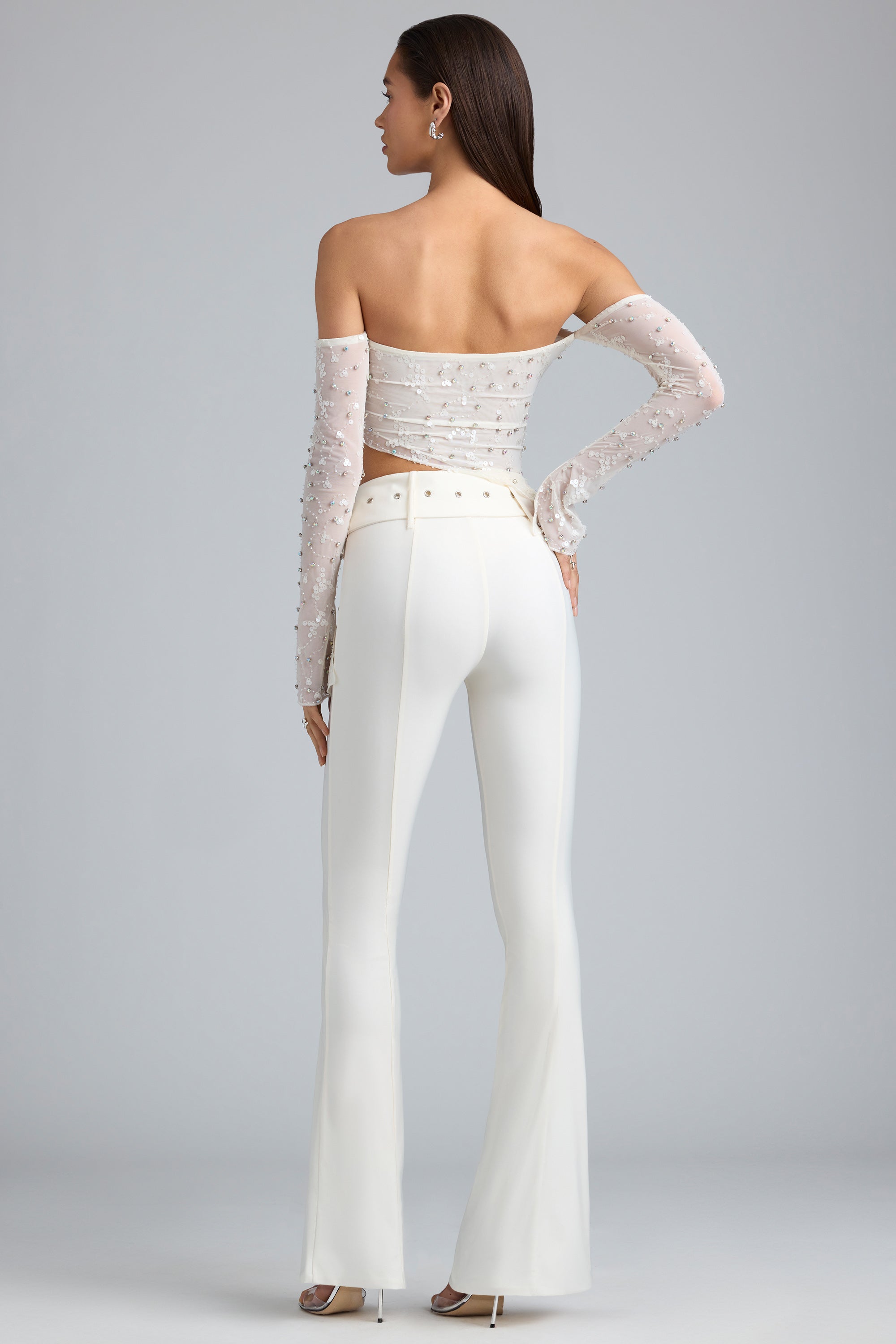 Metallic Belted Mid-Rise Flared Trousers in Ivory