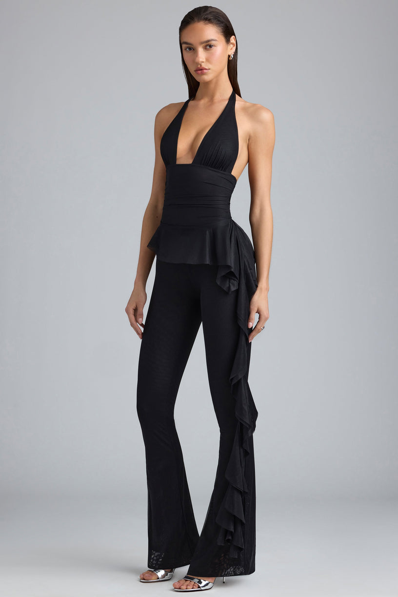 Metallic Ruffle Low-Rise Flared Trousers in Black - 1