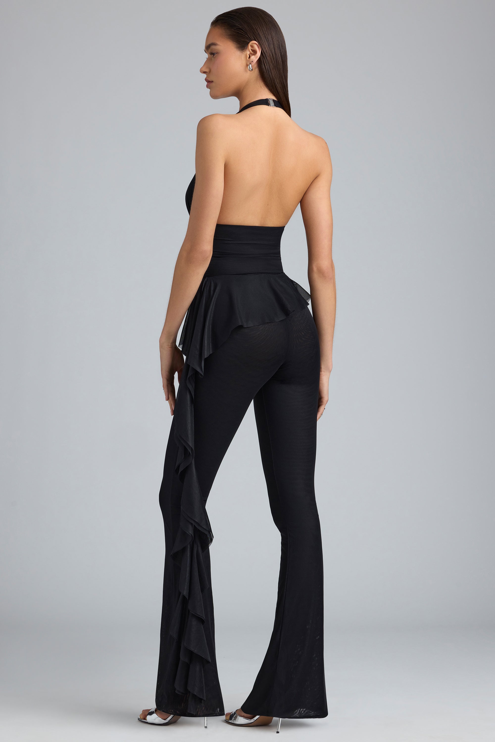 Metallic Ruffle Low-Rise Flared Trousers in Black