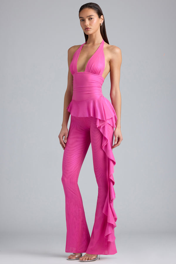 Metallic Ruffle Low-Rise Flared Trousers in Bubblegum Pink - 1