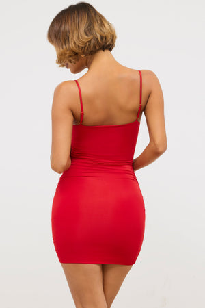 Slinky Jersey Rose Detail Cut Out Mini Dress in Scarlet Red Slinky Jersey Rose Detail Cut Out Mini Dress in Scarlet Red