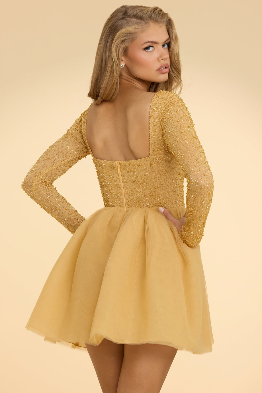 Plunge Neck Tulle Mini Dress in Gold