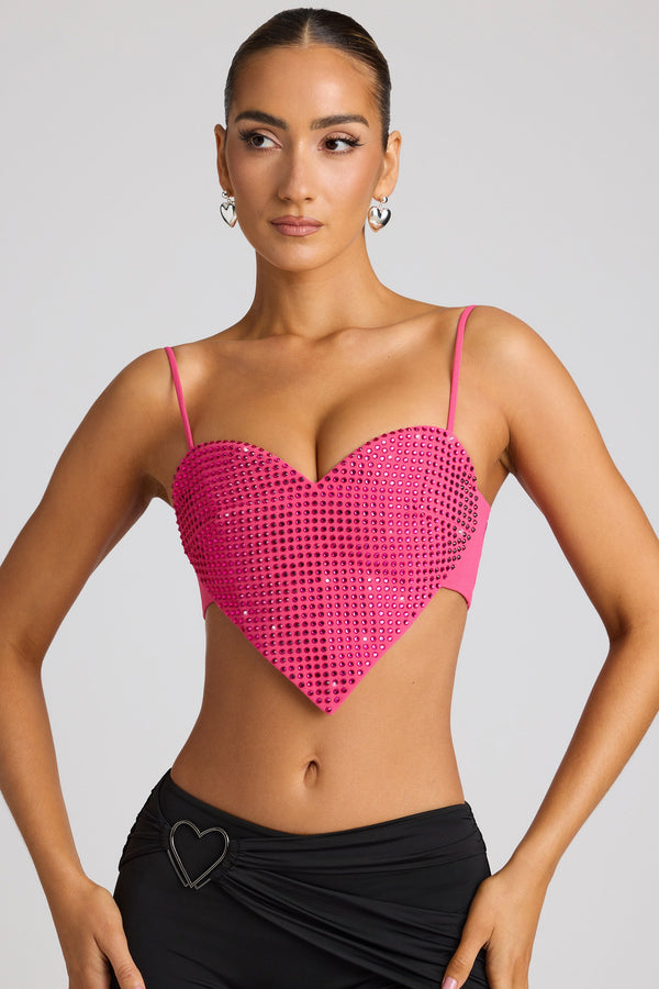 Embellished Statement Heart Shaped Crop Top in Magenta - 1