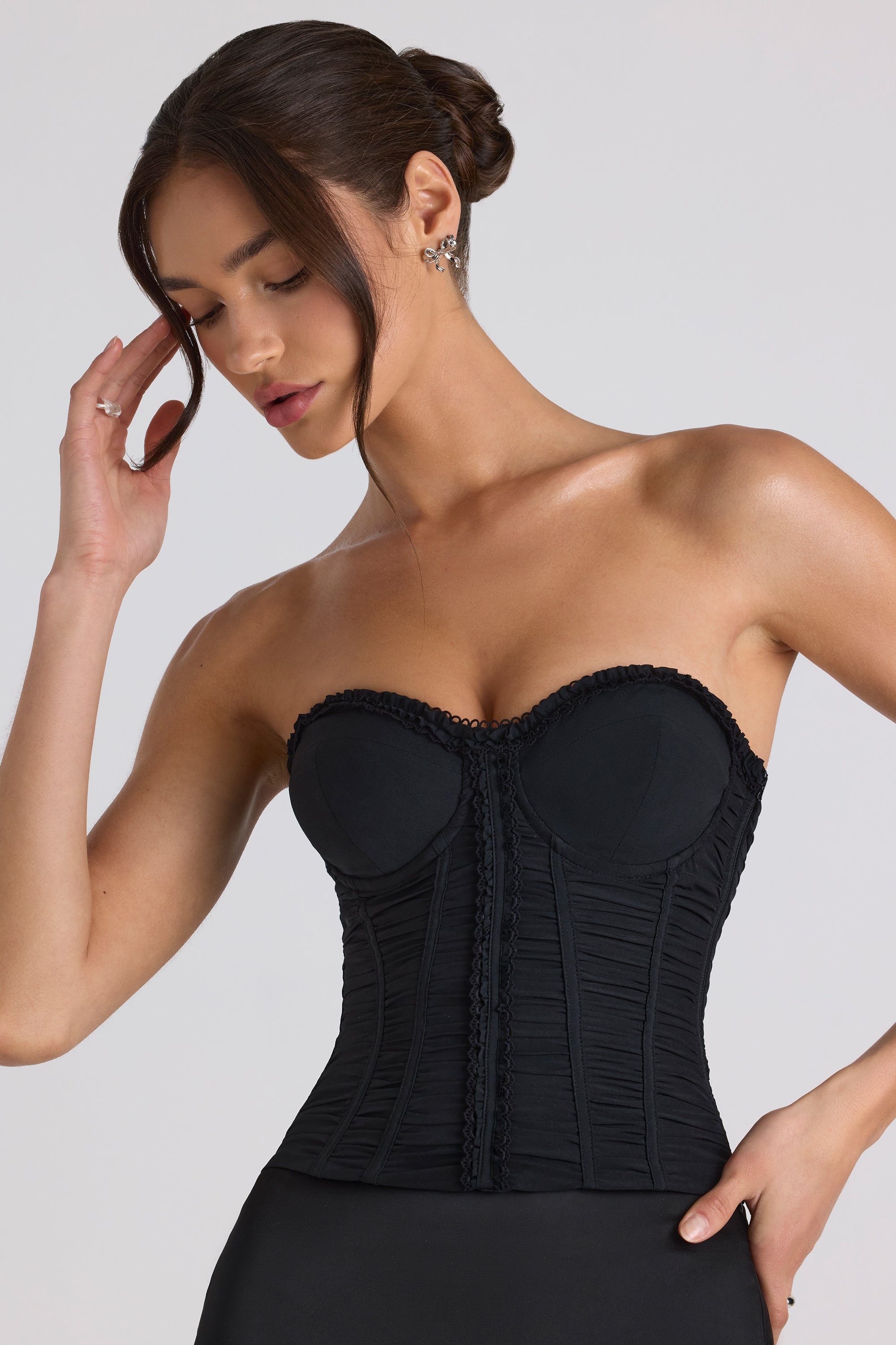 Melvina Ruched Lace-Up Strapless Corset Top in Black | Oh Polly
