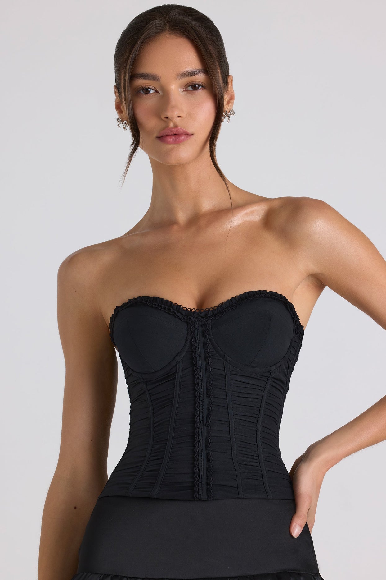 Ruched Lace-Up Strapless Corset Top in Black - Main Image